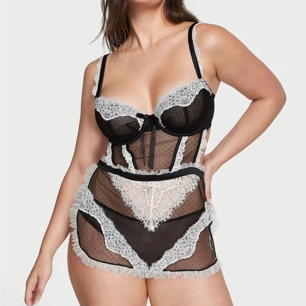 Victoria's Secret Black & White Lace Sheer French Maid Apron Lingerie L